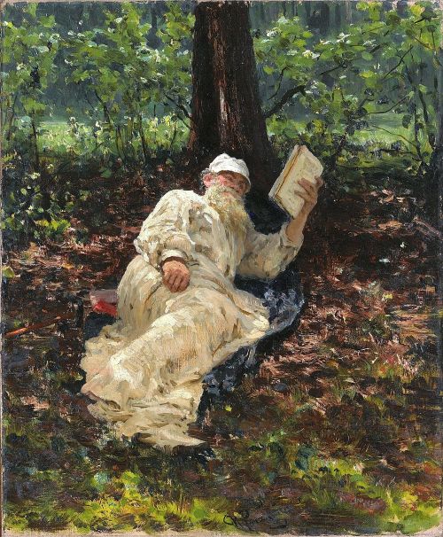 Painting of Tolstoy lying in the forest, book in hand