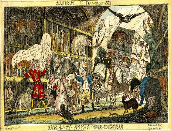 Political cartoon featuring Tower of London Menagerie animals in cages called The anti-royal menagerie by William Henry Brooke, 1812