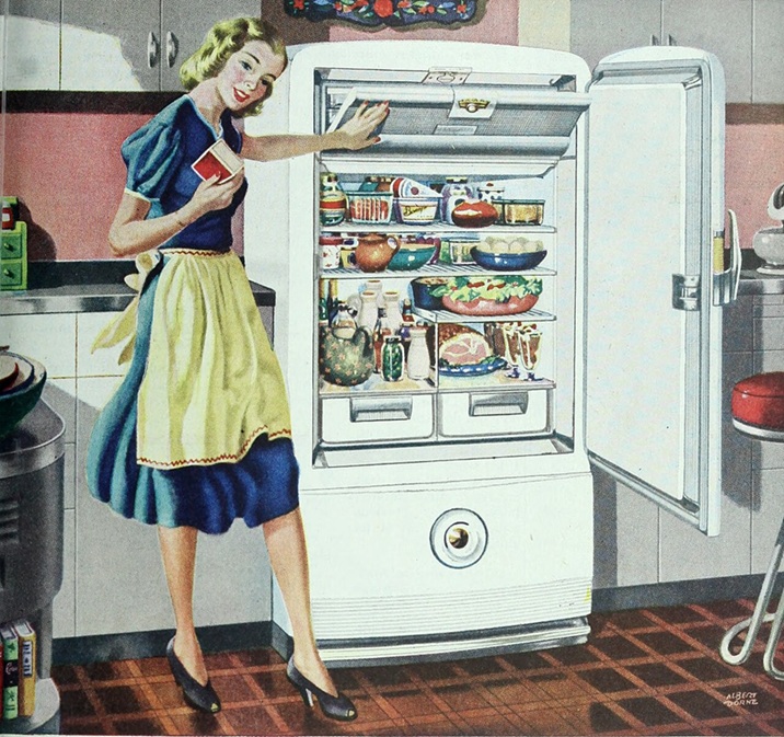 Frigidaire ad from 1948 featuring a blond white cartoon woman in a dress and heels standing in front of a full refrigerator smiling
