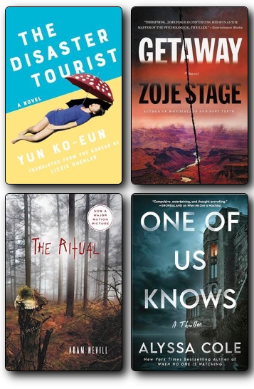 Covers of The Disaster Tourist, Getaway, The Ritual, and One of Us Knows, all with sleek, thrilleresque designs