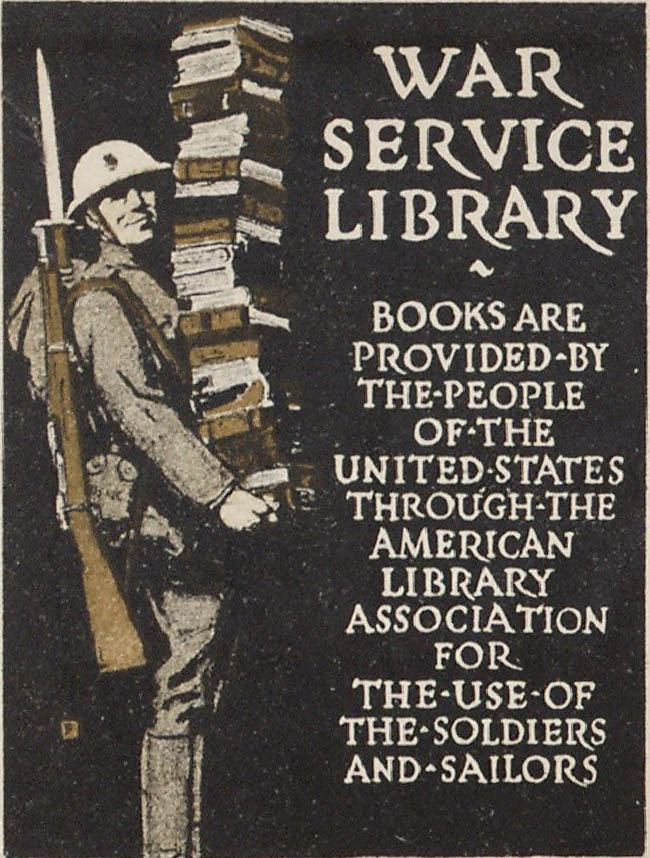 Library War Service logo image featuring soldier holding tall stack of books