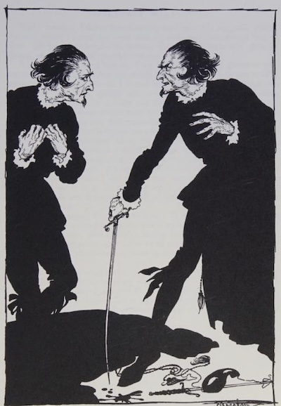 Black and white drawing of two bearded men facing each other, one with a sword