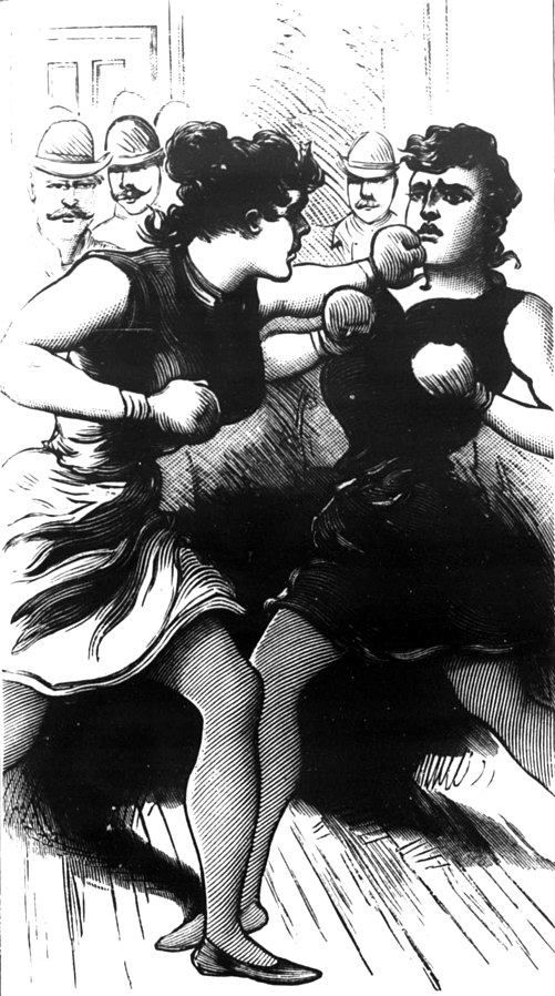Black-and-white cartoon illustration of two women in dresses boxing as men wearing bowler hats look on in background, 1894